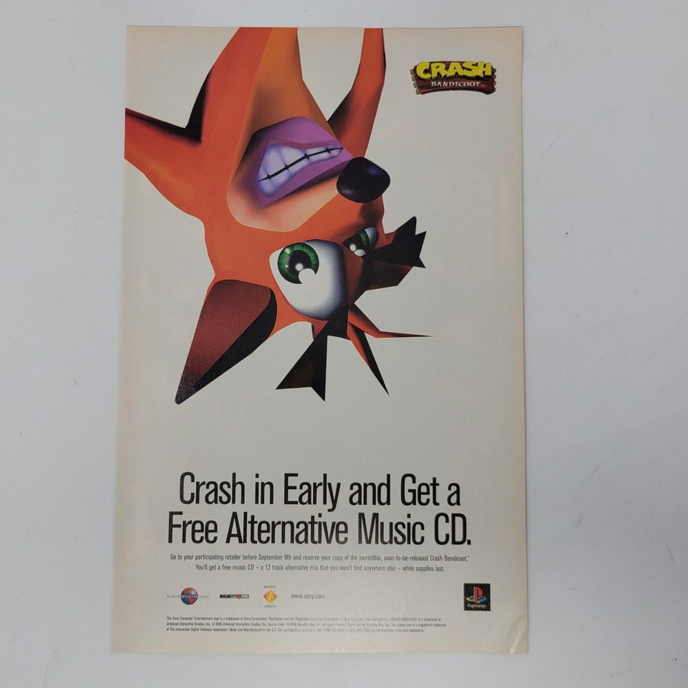 Crash Bandicoot Free Alternative Music CD Vintage PlayStation Promo Ad‎